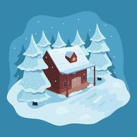 Ilustración de fondo de invierno de casa de invierno, árboles y nieve que cae vector