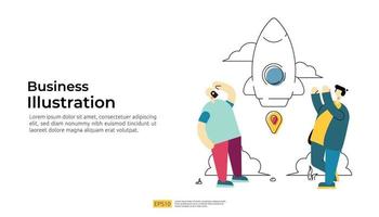 start up business launching with spaceship rocket and character vector