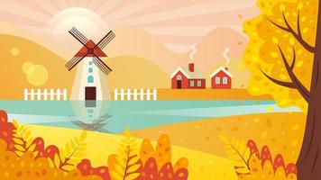 Autumn rural landscape with windmill, farmhouses and trees. vector