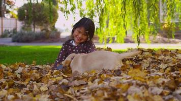 niña y cachorro jugando en hojas de otoño. filmado en rojo épico para una resolución de alta calidad de 4k, uhd, ultra hd. video