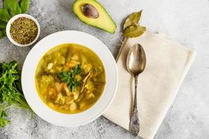 sabrosa sopa de verduras y especias sobre un fondo de hormigón gris. se puede utilizar como fondo foto