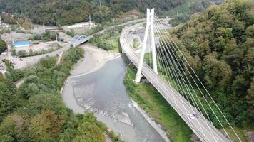 Aerial view of cable-stayed bridge on the road to Krasnaya Polyana. Sochi, Russia. video
