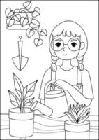 Actividad de niña jardinería página para colorear para niños vector