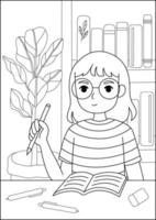 niña estudiando hoja para colorear libro de actividades para niños vector