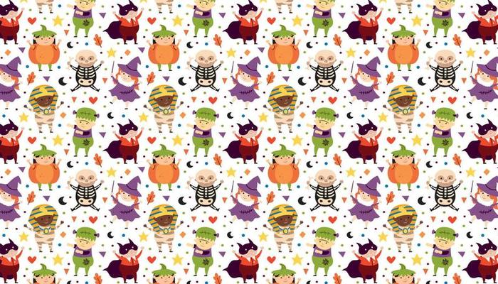 Children in Halloween costumes of spooky creatures Day of dead holiday pattern banner background