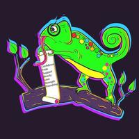 Neon illustration of a chameleon character holding a list of a million reasons sitting on a tree branch. vector