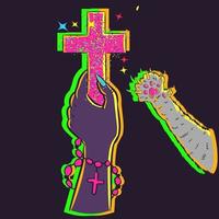 Conceptual neon illustration of a woman's hand holding a crucifix and a rosario. Cat soft paw trying to reach owner's cross. vector