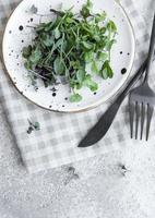 Assortment of micro greens on concrete background photo