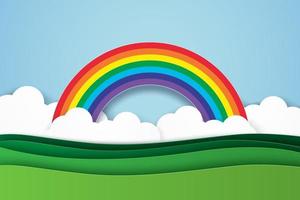 Nature landscape with rainbow background, paper art style vector