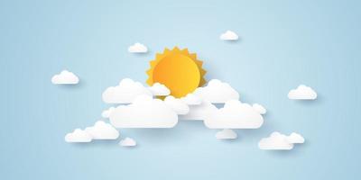 Cloudscape, blue sky with cloud and sun, paper art style vector
