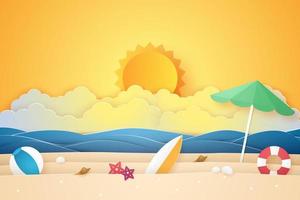 paisaje marino con cocotero en la playa y la isla, estilo de arte en papel vector