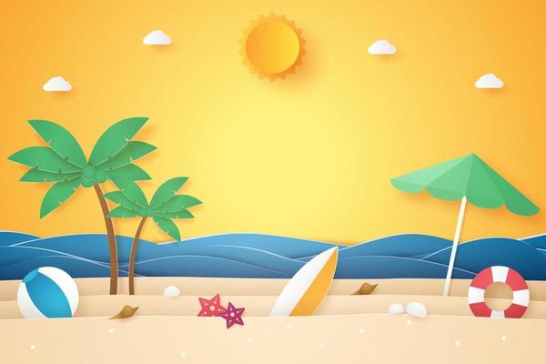 Seascape with coconut tree on beach and island, paper art style