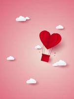 Valentines day, Illustration of love, red heart hot air balloon flying in the sky, paper art style vector