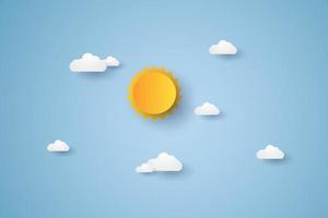 Cloudscape, blue sky with cloud and sun, paper art style vector