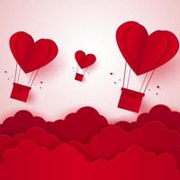 día de san valentín, ilustración del amor, globo aerostático en forma de corazón volando en el cielo, estilo de arte en papel vector