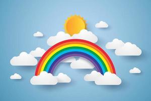 Blue sky with rainbow and cloud, paper art style vector