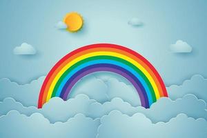 Blue sky with rainbow and cloud, paper art style vector