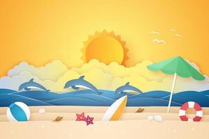 paisaje marino con cocotero en la playa y la isla, estilo de arte en papel vector