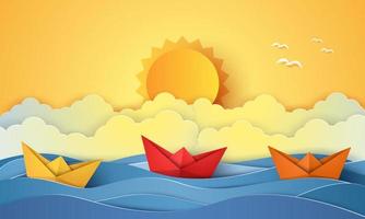 horario de verano, mar con barco de origami y sol, estilo de arte en papel vector