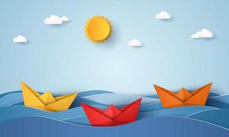 Barco de origami navegando en el océano azul, estilo de arte de papel vector