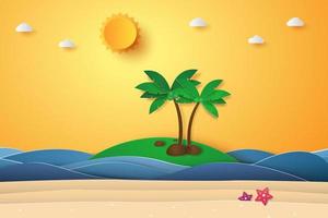 Seascape with coconut tree on beach and island, paper art style vector