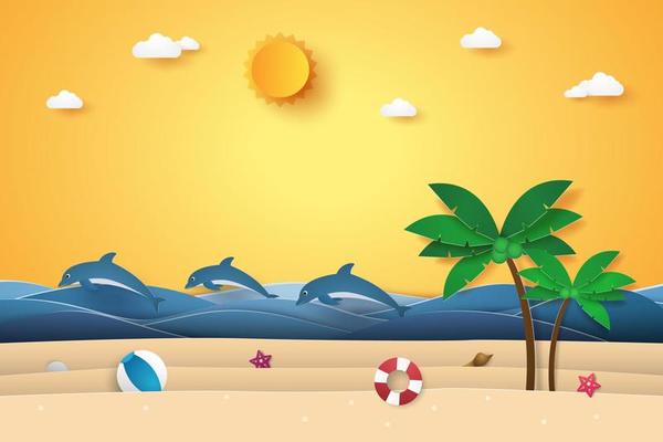 Seascape with coconut tree on beach and island, paper art style