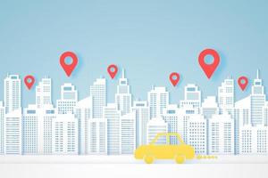 Cityscapes, paper building, yellow car go to destination, location markers vector
