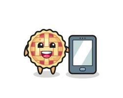 caricatura de ilustración de pastel de manzana sosteniendo un teléfono inteligente vector