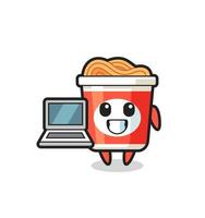 Mascot Illustration of instant noodle with a laptop vector