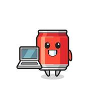 Ilustración de mascota de lata de bebida con una computadora portátil vector