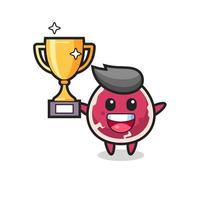 Cartoon Illustration of beef is happy holding up the golden trophy vector