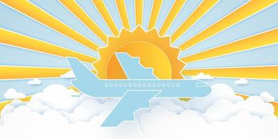 Airplane flying in the blue sky with clouds and bright sun, Cloudscape, paper art style vector