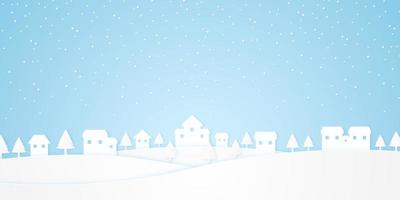 Town on with trees and snow falling in winter season, paper art style vector