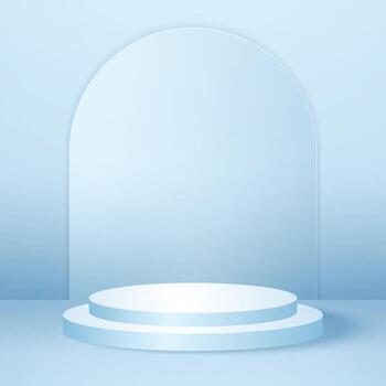 Realistic round podium or pedestal with blue empty studio room, minimal product background, template mock up for display, geometric shape vector