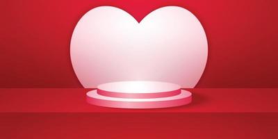 love concept, realistic heart shape podium or pedestal with red empty studio room, minimal product heart background, template mock up for display, valentines day vector