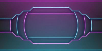 Abstract metallic black frame background, circular overlap layer with rectangle inside with blue and purple neon light line, circle shape, dark minimal design with copy space, vector illustration