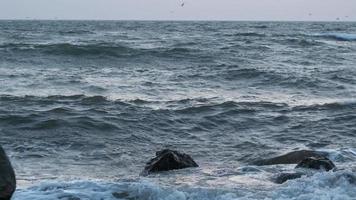 Waves are hitting the rocks and then splashing through to camera in slow motion video