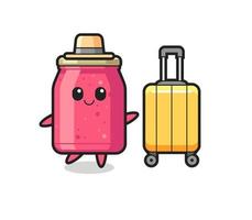strawberry jam cartoon illustration with luggage on vacation vector