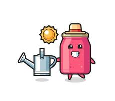 Cartoon character of strawberry jam holding watering can vector