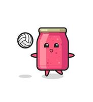 Character cartoon of strawberry jam is playing volleyball vector