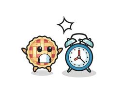 Cartoon of apple pie is surprised with a giant alarm clock vector