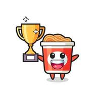 Illustration of instant noodle is happy holding up the golden trophy vector