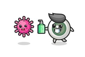 eyeball character chasing evil virus with hand sanitizer vector