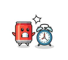 Illustration of drink can is surprised with a giant alarm clock vector