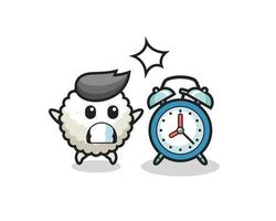 Cartoon of rice ball is surprised with a giant alarm clock vector