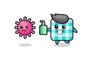 checkered tablecloth character chasing evil virus with hand sanitizer vector