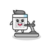 qr code cartoon character walking on the treadmill vector