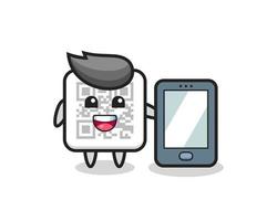 qr code illustration cartoon holding a smartphone vector