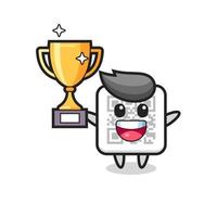 Cartoon Illustration of qr code is happy holding up the golden trophy vector