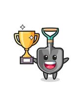 Cartoon Illustration of shovel is happy holding up the golden trophy vector